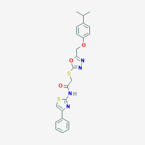 molecular formula C23H22N4O3S2 B305979 2-({5-[(4-isopropylphenoxy)methyl]-1,3,4-oxadiazol-2-yl}sulfanyl)-N-(4-phenyl-1,3-thiazol-2-yl)acetamide 