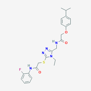 molecular formula C24H28FN5O3S B305987 2-{[4-ethyl-5-({[(4-isopropylphenoxy)acetyl]amino}methyl)-4H-1,2,4-triazol-3-yl]sulfanyl}-N-(2-fluorophenyl)acetamide 