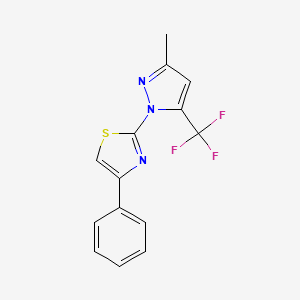 molecular formula C14H10F3N3S B3059907 2-[3-methyl-5-(trifluoromethyl)-1H-pyrazol-1-yl]-4-phenyl-1,3-thiazole CAS No. 141177-76-6