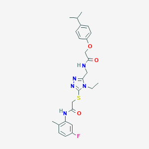 molecular formula C25H30FN5O3S B305991 2-{[4-ethyl-5-({[(4-isopropylphenoxy)acetyl]amino}methyl)-4H-1,2,4-triazol-3-yl]sulfanyl}-N-(5-fluoro-2-methylphenyl)acetamide 