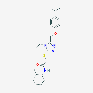 molecular formula C23H34N4O2S B305996 2-[(4-ethyl-5-{[4-(propan-2-yl)phenoxy]methyl}-4H-1,2,4-triazol-3-yl)sulfanyl]-N-(2-methylcyclohexyl)acetamide 