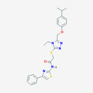 molecular formula C25H27N5O2S2 B305998 2-[(4-ethyl-5-{[4-(propan-2-yl)phenoxy]methyl}-4H-1,2,4-triazol-3-yl)sulfanyl]-N-(4-phenyl-1,3-thiazol-2-yl)acetamide 