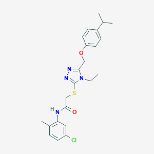 molecular formula C23H27ClN4O2S B306001 N-(5-chloro-2-methylphenyl)-2-[(4-ethyl-5-{[4-(propan-2-yl)phenoxy]methyl}-4H-1,2,4-triazol-3-yl)sulfanyl]acetamide 