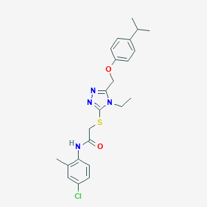 molecular formula C23H27ClN4O2S B306003 N-(4-chloro-2-methylphenyl)-2-[(4-ethyl-5-{[4-(propan-2-yl)phenoxy]methyl}-4H-1,2,4-triazol-3-yl)sulfanyl]acetamide 