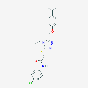 molecular formula C22H25ClN4O2S B306004 N-(4-chlorophenyl)-2-[(4-ethyl-5-{[4-(propan-2-yl)phenoxy]methyl}-4H-1,2,4-triazol-3-yl)sulfanyl]acetamide 