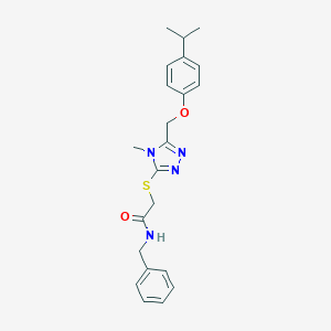 molecular formula C22H26N4O2S B306007 N-benzyl-2-[(4-methyl-5-{[4-(propan-2-yl)phenoxy]methyl}-4H-1,2,4-triazol-3-yl)sulfanyl]acetamide 