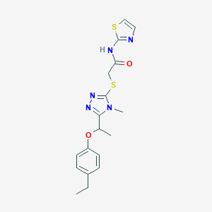 molecular formula C18H21N5O2S2 B306009 2-({5-[1-(4-ethylphenoxy)ethyl]-4-methyl-4H-1,2,4-triazol-3-yl}sulfanyl)-N-(1,3-thiazol-2-yl)acetamide 