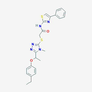 molecular formula C24H25N5O2S2 B306010 2-({5-[1-(4-ethylphenoxy)ethyl]-4-methyl-4H-1,2,4-triazol-3-yl}sulfanyl)-N-(4-phenyl-1,3-thiazol-2-yl)acetamide 