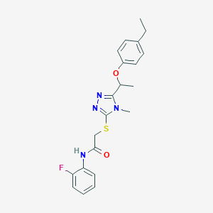 molecular formula C21H23FN4O2S B306011 2-({5-[1-(4-ethylphenoxy)ethyl]-4-methyl-4H-1,2,4-triazol-3-yl}sulfanyl)-N-(2-fluorophenyl)acetamide 