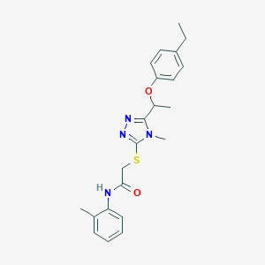 molecular formula C22H26N4O2S B306012 2-({5-[1-(4-ethylphenoxy)ethyl]-4-methyl-4H-1,2,4-triazol-3-yl}sulfanyl)-N-(2-methylphenyl)acetamide 