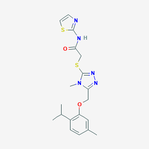 molecular formula C19H23N5O2S2 B306014 2-({5-[(2-isopropyl-5-methylphenoxy)methyl]-4-methyl-4H-1,2,4-triazol-3-yl}thio)-N-1,3-thiazol-2-ylacetamide 