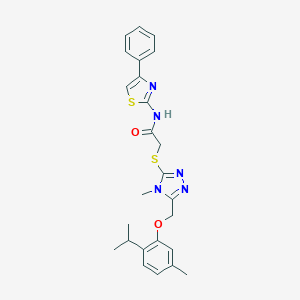 molecular formula C25H27N5O2S2 B306016 2-[(4-methyl-5-{[5-methyl-2-(propan-2-yl)phenoxy]methyl}-4H-1,2,4-triazol-3-yl)sulfanyl]-N-(4-phenyl-1,3-thiazol-2-yl)acetamide 
