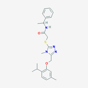 molecular formula C24H30N4O2S B306017 2-[(4-methyl-5-{[5-methyl-2-(propan-2-yl)phenoxy]methyl}-4H-1,2,4-triazol-3-yl)sulfanyl]-N-(1-phenylethyl)acetamide 