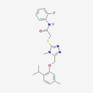 molecular formula C22H25FN4O2S B306019 N-(2-fluorophenyl)-2-({5-[(2-isopropyl-5-methylphenoxy)methyl]-4-methyl-4H-1,2,4-triazol-3-yl}sulfanyl)acetamide 