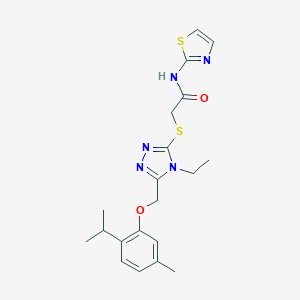 molecular formula C20H25N5O2S2 B306021 2-({4-ethyl-5-[(2-isopropyl-5-methylphenoxy)methyl]-4H-1,2,4-triazol-3-yl}sulfanyl)-N-(1,3-thiazol-2-yl)acetamide 