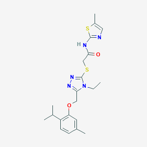 molecular formula C21H27N5O2S2 B306022 2-({4-ethyl-5-[(2-isopropyl-5-methylphenoxy)methyl]-4H-1,2,4-triazol-3-yl}sulfanyl)-N-(5-methyl-1,3-thiazol-2-yl)acetamide 