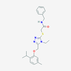 molecular formula C24H30N4O2S B306023 N-benzyl-2-[(4-ethyl-5-{[5-methyl-2-(propan-2-yl)phenoxy]methyl}-4H-1,2,4-triazol-3-yl)sulfanyl]acetamide 