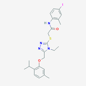 molecular formula C24H29IN4O2S B306024 2-[(4-ethyl-5-{[5-methyl-2-(propan-2-yl)phenoxy]methyl}-4H-1,2,4-triazol-3-yl)sulfanyl]-N-(4-iodo-2-methylphenyl)acetamide 