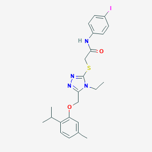 molecular formula C23H27IN4O2S B306025 2-({4-ethyl-5-[(2-isopropyl-5-methylphenoxy)methyl]-4H-1,2,4-triazol-3-yl}sulfanyl)-N-(4-iodophenyl)acetamide 