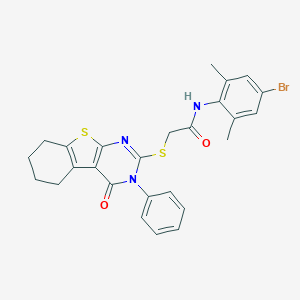 molecular formula C26H24BrN3O2S2 B306040 N-(4-bromo-2,6-dimethylphenyl)-2-[(4-oxo-3-phenyl-3,4,5,6,7,8-hexahydro[1]benzothieno[2,3-d]pyrimidin-2-yl)sulfanyl]acetamide 