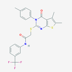 molecular formula C24H20F3N3O2S2 B306044 2-{[5,6-dimethyl-3-(4-methylphenyl)-4-oxo-3,4-dihydrothieno[2,3-d]pyrimidin-2-yl]sulfanyl}-N-[3-(trifluoromethyl)phenyl]acetamide 