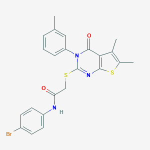 molecular formula C23H20BrN3O2S2 B306045 N-(4-bromophenyl)-2-{[5,6-dimethyl-3-(3-methylphenyl)-4-oxo-3,4-dihydrothieno[2,3-d]pyrimidin-2-yl]sulfanyl}acetamide 