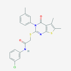 molecular formula C23H20ClN3O2S2 B306046 N-(3-chlorophenyl)-2-{[5,6-dimethyl-3-(3-methylphenyl)-4-oxo-3,4-dihydrothieno[2,3-d]pyrimidin-2-yl]sulfanyl}acetamide 