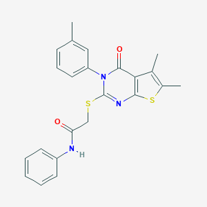 molecular formula C23H21N3O2S2 B306048 2-{[5,6-dimethyl-3-(3-methylphenyl)-4-oxo-3,4-dihydrothieno[2,3-d]pyrimidin-2-yl]sulfanyl}-N-phenylacetamide 