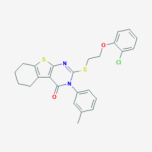 molecular formula C25H23ClN2O2S2 B306049 2-{[2-(2-chlorophenoxy)ethyl]sulfanyl}-3-(3-methylphenyl)-5,6,7,8-tetrahydro[1]benzothieno[2,3-d]pyrimidin-4(3H)-one 