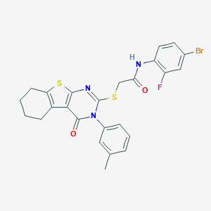 molecular formula C25H21BrFN3O2S2 B306053 N-(4-bromo-2-fluorophenyl)-2-{[3-(3-methylphenyl)-4-oxo-3,4,5,6,7,8-hexahydro[1]benzothieno[2,3-d]pyrimidin-2-yl]sulfanyl}acetamide 