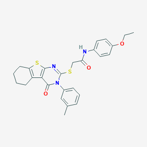 molecular formula C27H27N3O3S2 B306054 N-(4-ethoxyphenyl)-2-{[3-(3-methylphenyl)-4-oxo-3,4,5,6,7,8-hexahydro[1]benzothieno[2,3-d]pyrimidin-2-yl]sulfanyl}acetamide 
