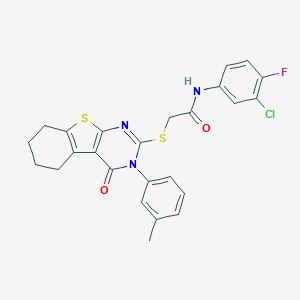 molecular formula C25H21ClFN3O2S2 B306055 N-(3-chloro-4-fluorophenyl)-2-{[3-(3-methylphenyl)-4-oxo-3,4,5,6,7,8-hexahydro[1]benzothieno[2,3-d]pyrimidin-2-yl]sulfanyl}acetamide 