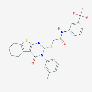 molecular formula C26H22F3N3O2S2 B306056 2-{[3-(3-methylphenyl)-4-oxo-3,4,5,6,7,8-hexahydro[1]benzothieno[2,3-d]pyrimidin-2-yl]sulfanyl}-N-[3-(trifluoromethyl)phenyl]acetamide 