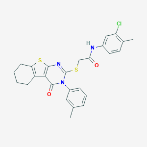 molecular formula C26H24ClN3O2S2 B306057 N-(3-chloro-4-methylphenyl)-2-{[3-(3-methylphenyl)-4-oxo-3,4,5,6,7,8-hexahydro[1]benzothieno[2,3-d]pyrimidin-2-yl]sulfanyl}acetamide 