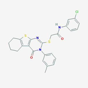 molecular formula C25H22ClN3O2S2 B306058 N-(3-chlorophenyl)-2-{[3-(3-methylphenyl)-4-oxo-3,4,5,6,7,8-hexahydro[1]benzothieno[2,3-d]pyrimidin-2-yl]sulfanyl}acetamide 