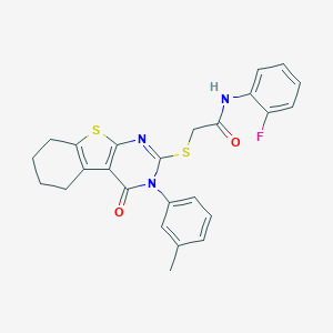 molecular formula C25H22FN3O2S2 B306059 N-(2-fluorophenyl)-2-{[3-(3-methylphenyl)-4-oxo-3,4,5,6,7,8-hexahydro[1]benzothieno[2,3-d]pyrimidin-2-yl]sulfanyl}acetamide 