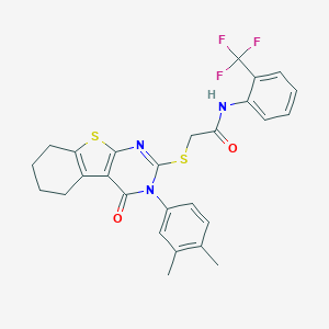 molecular formula C27H24F3N3O2S2 B306061 2-{[3-(3,4-dimethylphenyl)-4-oxo-3,4,5,6,7,8-hexahydro[1]benzothieno[2,3-d]pyrimidin-2-yl]sulfanyl}-N-[2-(trifluoromethyl)phenyl]acetamide 