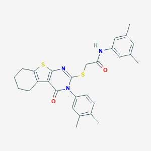 molecular formula C28H29N3O2S2 B306062 N-(3,5-dimethylphenyl)-2-{[3-(3,4-dimethylphenyl)-4-oxo-3,4,5,6,7,8-hexahydro[1]benzothieno[2,3-d]pyrimidin-2-yl]sulfanyl}acetamide 