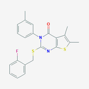 molecular formula C22H19FN2OS2 B306064 2-[(2-fluorobenzyl)sulfanyl]-5,6-dimethyl-3-(3-methylphenyl)thieno[2,3-d]pyrimidin-4(3H)-one 