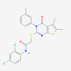 molecular formula C23H19Cl2N3O2S2 B306070 N-(2,4-dichlorophenyl)-2-{[5,6-dimethyl-3-(3-methylphenyl)-4-oxo-3,4-dihydrothieno[2,3-d]pyrimidin-2-yl]sulfanyl}acetamide 