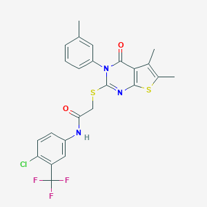 molecular formula C24H19ClF3N3O2S2 B306071 N-[4-chloro-3-(trifluoromethyl)phenyl]-2-{[5,6-dimethyl-3-(3-methylphenyl)-4-oxo-3,4-dihydrothieno[2,3-d]pyrimidin-2-yl]sulfanyl}acetamide 