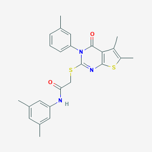 molecular formula C25H25N3O2S2 B306072 2-{[5,6-dimethyl-3-(3-methylphenyl)-4-oxo-3,4-dihydrothieno[2,3-d]pyrimidin-2-yl]sulfanyl}-N-(3,5-dimethylphenyl)acetamide 