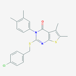 molecular formula C23H21ClN2OS2 B306073 2-[(4-chlorobenzyl)sulfanyl]-3-(3,4-dimethylphenyl)-5,6-dimethylthieno[2,3-d]pyrimidin-4(3H)-one 