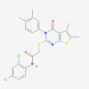 molecular formula C24H21Cl2N3O2S2 B306074 N-(2,4-dichlorophenyl)-2-{[3-(3,4-dimethylphenyl)-5,6-dimethyl-4-oxo-3,4-dihydrothieno[2,3-d]pyrimidin-2-yl]sulfanyl}acetamide 