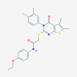 molecular formula C26H27N3O3S2 B306075 2-{[3-(3,4-dimethylphenyl)-5,6-dimethyl-4-oxo-3,4-dihydrothieno[2,3-d]pyrimidin-2-yl]sulfanyl}-N-(4-ethoxyphenyl)acetamide 