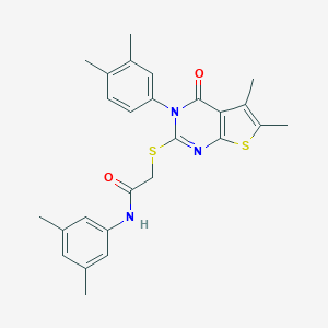 molecular formula C26H27N3O2S2 B306076 N-(3,5-dimethylphenyl)-2-{[3-(3,4-dimethylphenyl)-5,6-dimethyl-4-oxo-3,4-dihydrothieno[2,3-d]pyrimidin-2-yl]sulfanyl}acetamide 