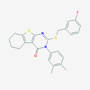 molecular formula C25H23FN2OS2 B306080 3-(3,4-dimethylphenyl)-2-[(3-fluorobenzyl)sulfanyl]-5,6,7,8-tetrahydro[1]benzothieno[2,3-d]pyrimidin-4(3H)-one 