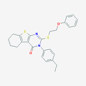 molecular formula C26H26N2O2S2 B306083 3-(4-ethylphenyl)-2-[(2-phenoxyethyl)sulfanyl]-5,6,7,8-tetrahydro[1]benzothieno[2,3-d]pyrimidin-4(3H)-one 