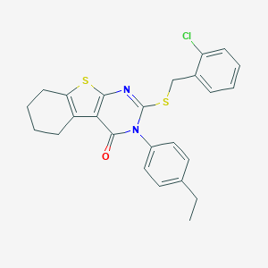molecular formula C25H23ClN2OS2 B306086 2-[(2-chlorobenzyl)sulfanyl]-3-(4-ethylphenyl)-5,6,7,8-tetrahydro[1]benzothieno[2,3-d]pyrimidin-4(3H)-one 