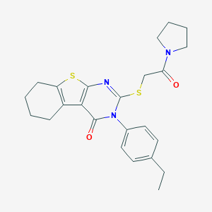 molecular formula C24H27N3O2S2 B306087 3-(4-ethylphenyl)-2-{[2-oxo-2-(1-pyrrolidinyl)ethyl]sulfanyl}-5,6,7,8-tetrahydro[1]benzothieno[2,3-d]pyrimidin-4(3H)-one 